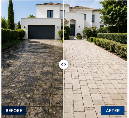 Driveway pressure washing before and after